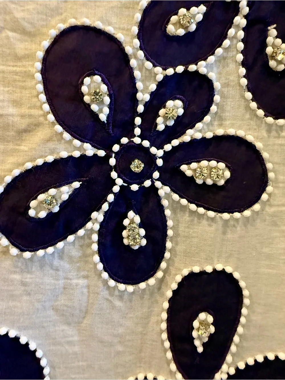 Tory Burch White Cotton Navy Floral Appliqué Embellished Tunic Blouse Size 4 - Picture 4 of 4